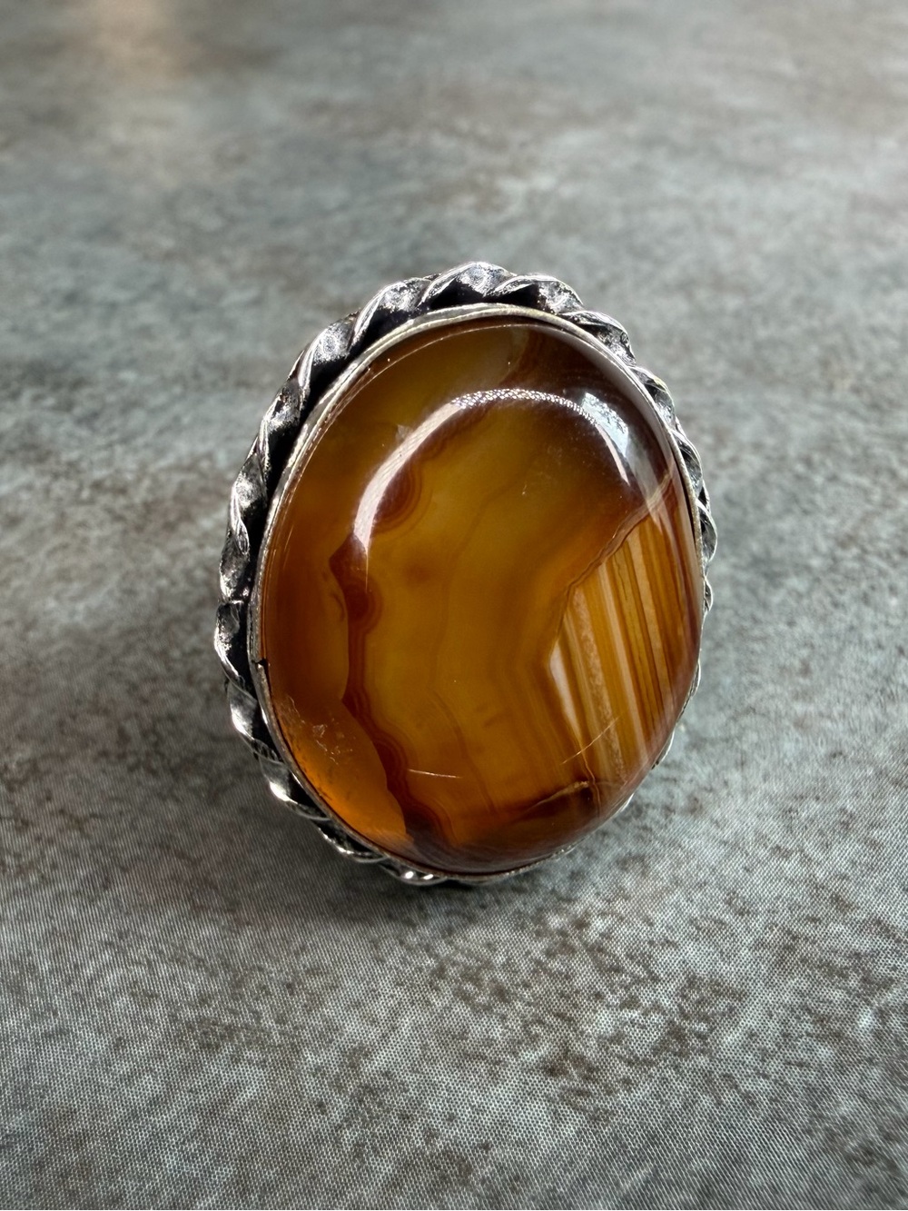 Boho Style Vintage Large Brown Agate Statement Ring Size 8 Silver 925 Plated